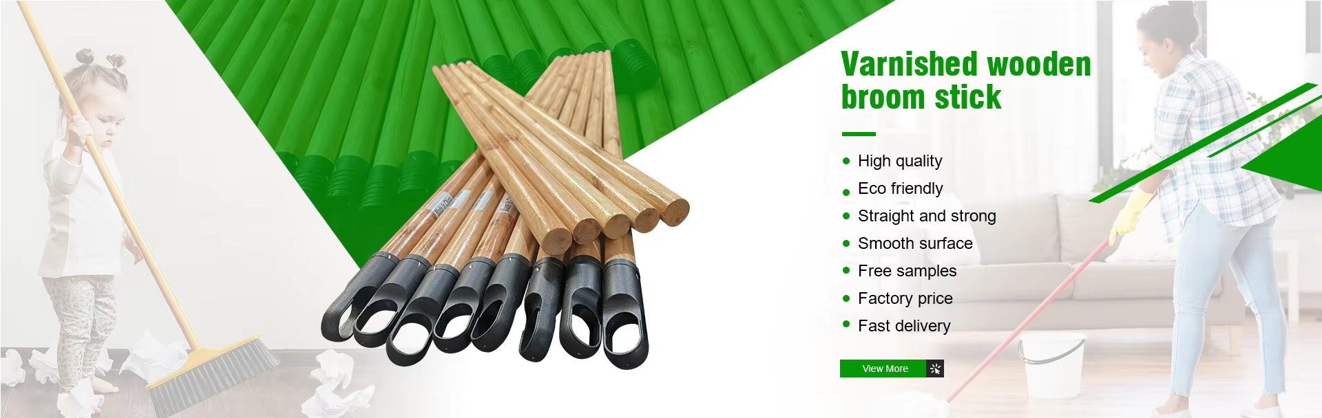 Varnished wooden broom stick